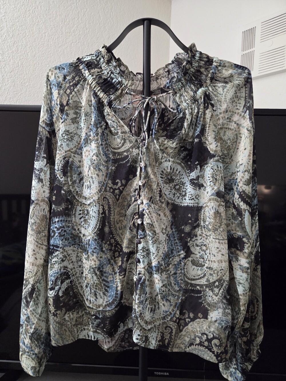 Philosophy Paisley Button-Front Tie-Neck Blouse - Black, Blue, Cream